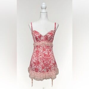 Rare VTG Victoria's Secret Satin Ruffle Floral Pink/White Garter Corset Sz 36C